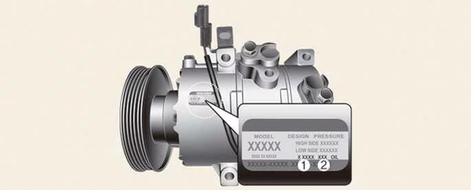 Kia Picanto air conditioning compressor label identifying the compressor and its refrigerant (1) and refrigerant oil (2)