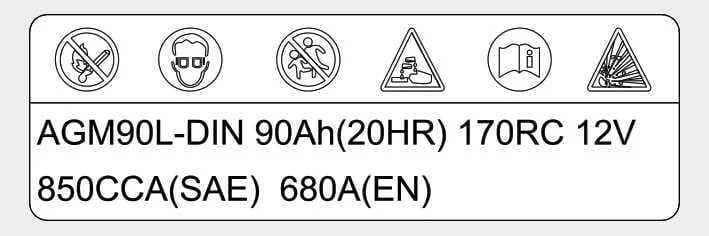 Example Kia Picanto battery label showing capacity, voltage, reserve capacity and cold-cranking ratings