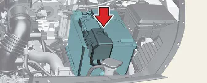 Battery location in the Kia Picanto petrol 1.0 MPI and 1.0 FFV engine compartment