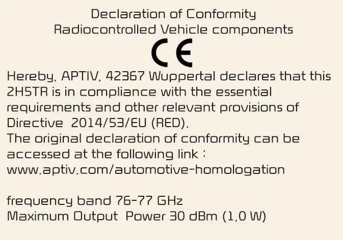 Kia Picanto rear corner radar radio conformity document for Europe and CE-certified countries