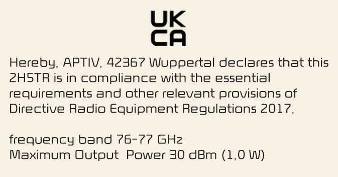 Kia Picanto rear corner radar radio conformity document for the United Kingdom