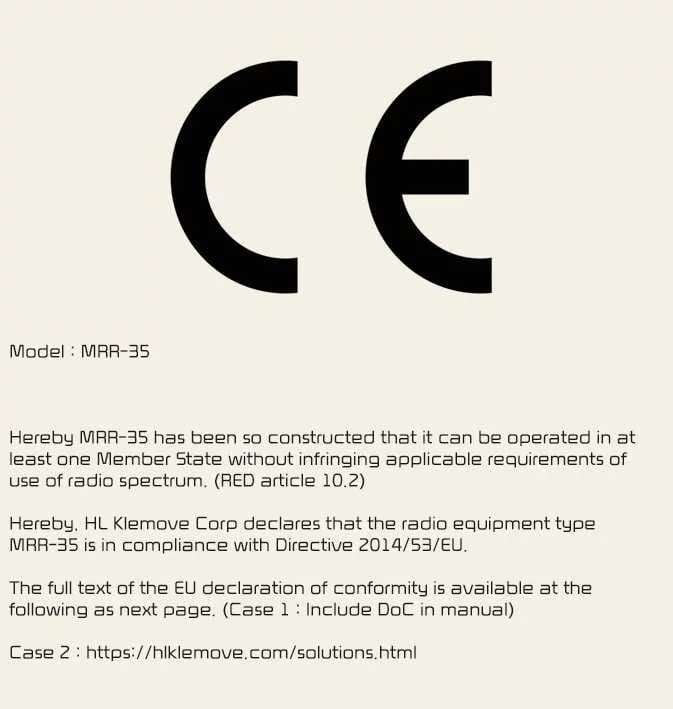 Kia Picanto front radar radio conformity document for Europe and CE-certified countries