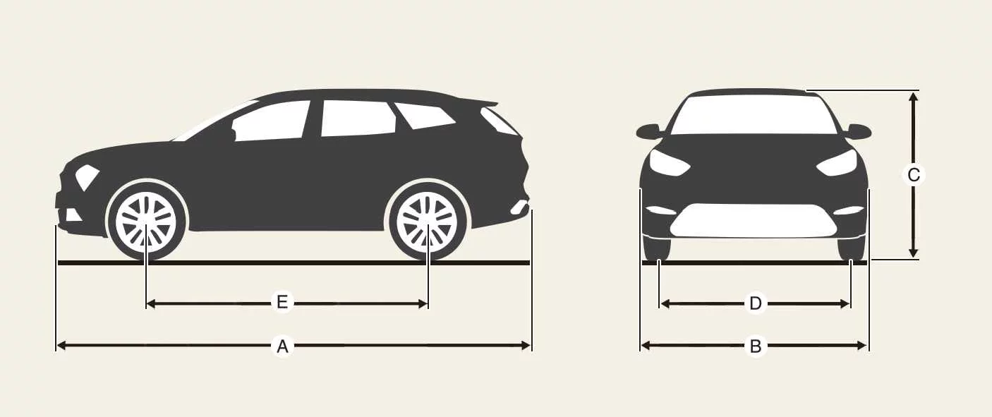 Kia Picanto dimension diagram with reference letters for overall length, width, height, front and rear track, and wheelbase