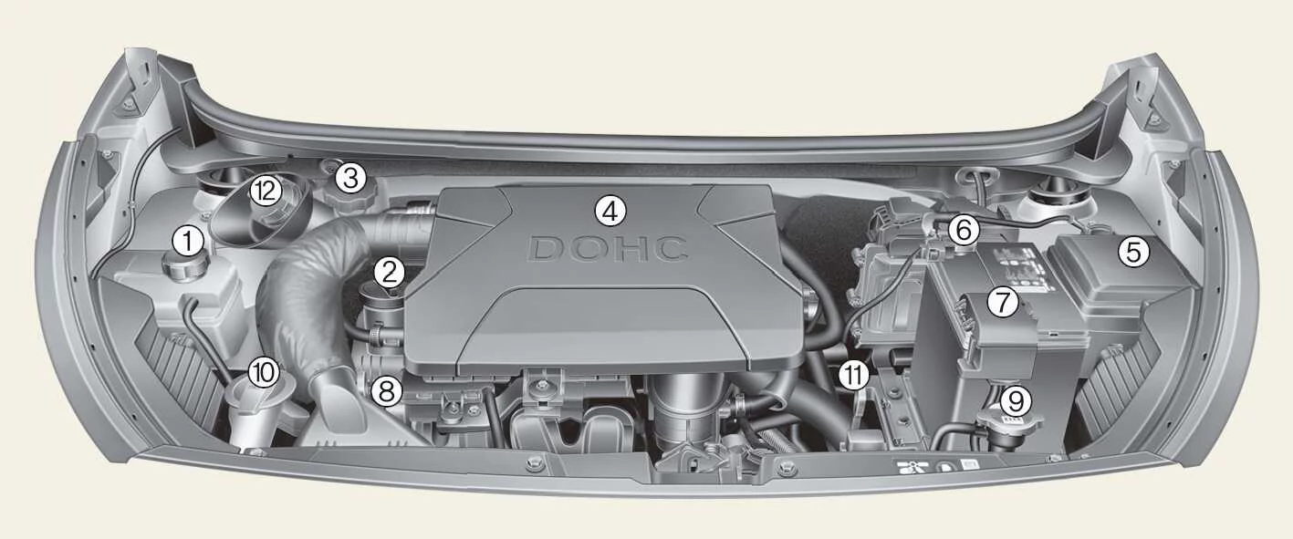 Kia Picanto petrol 1.0 FFV engine compartment and service component locations