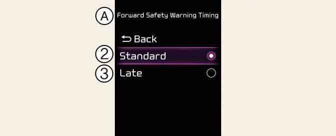 Forward Safety Warning Timing menu in the Kia Picanto instrument cluster