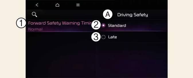 Forward Safety Warning Timing menu in the Kia Picanto infotainment system