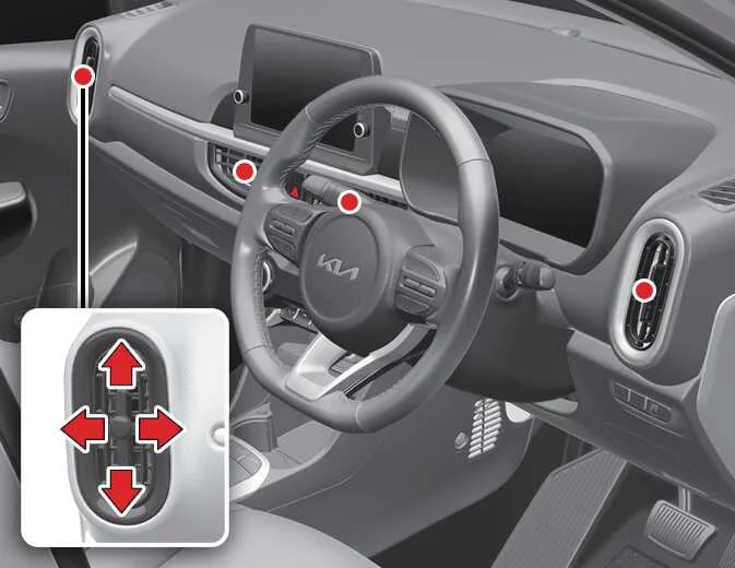 Kia Picanto instrument panel vent thumbwheel and airflow direction adjustment