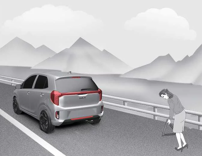 Kia Picanto emergency tyre change with the hazard warning flasher switched on
