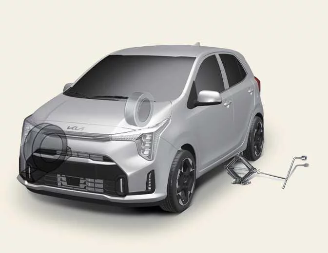 Kia Picanto wheel diagonally opposite the jacking point secured with wheel blocks