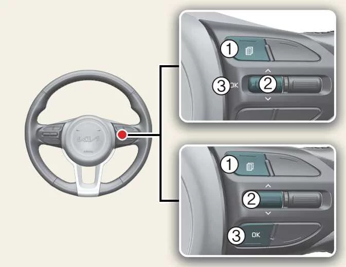 Kia Picanto Type B steering wheel LCD controls with MODE button, up/down scroll switch and OK button