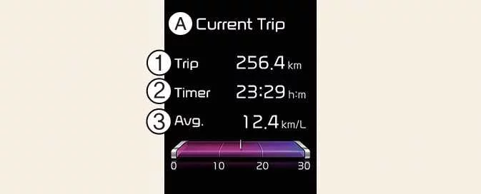 Kia Picanto Current Trip display with trip distance, timer and average fuel economy