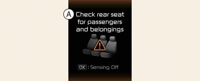 Kia Picanto instrument cluster Rear Occupant Alert message reminding the driver to check the rear seat