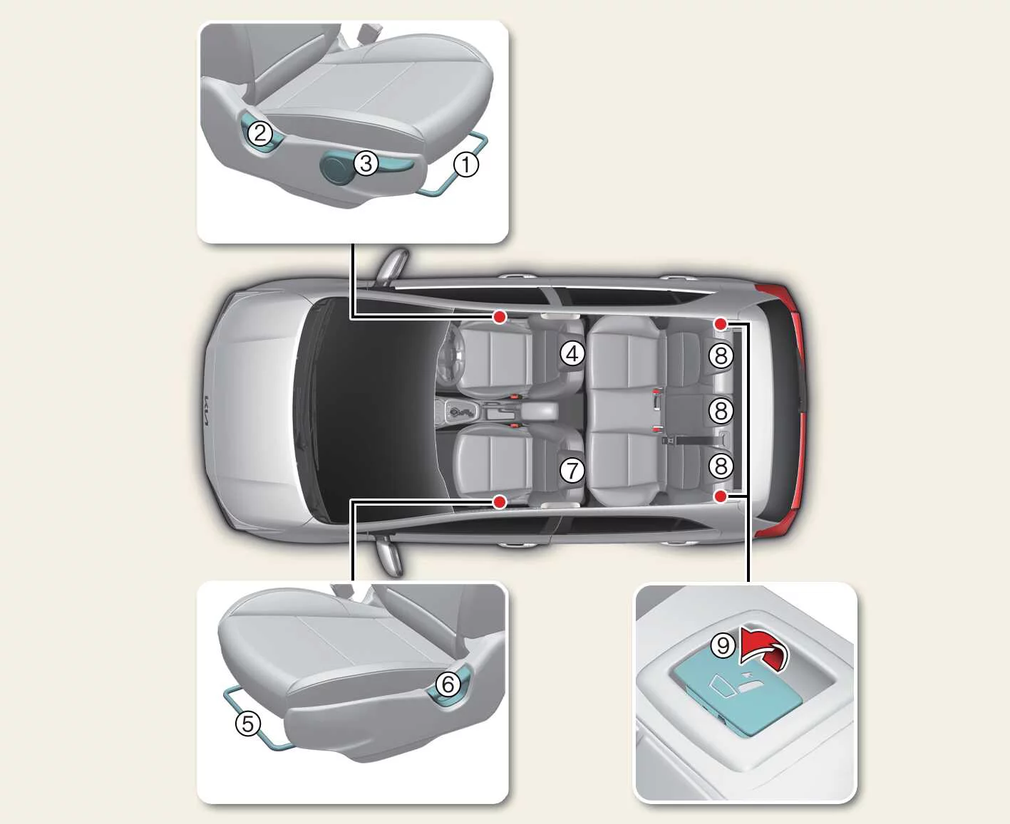 Kia Picanto seating diagram showing front seat adjustment controls, headrests and folding rear seatbacks