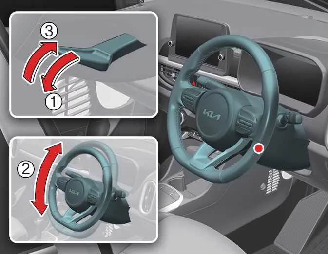 Kia Picanto steering wheel tilt adjustment showing release lever (1), angle adjustment (2) and locking position (3)