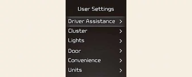 Kia Picanto instrument cluster User Settings menu for configuring vehicle functions