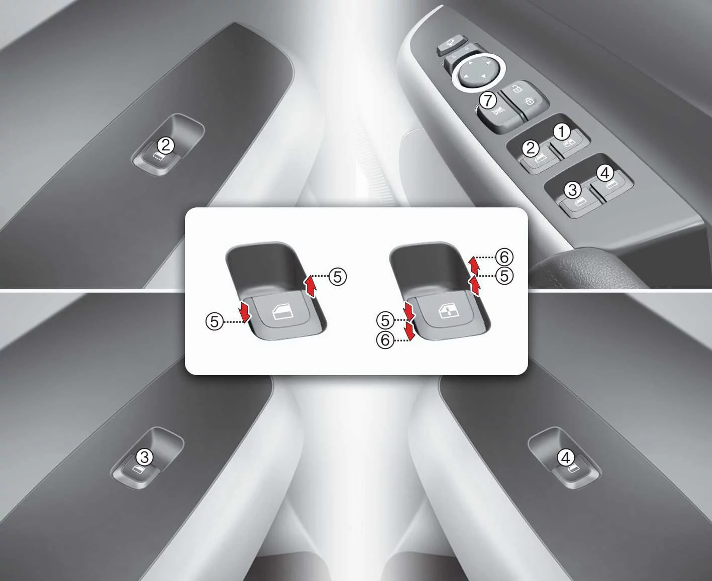 Kia Picanto front and rear power window controls, driver automatic window positions and power window lock switch