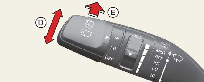 Kia Picanto rear wiper and washer control layout identifying functions D and E
